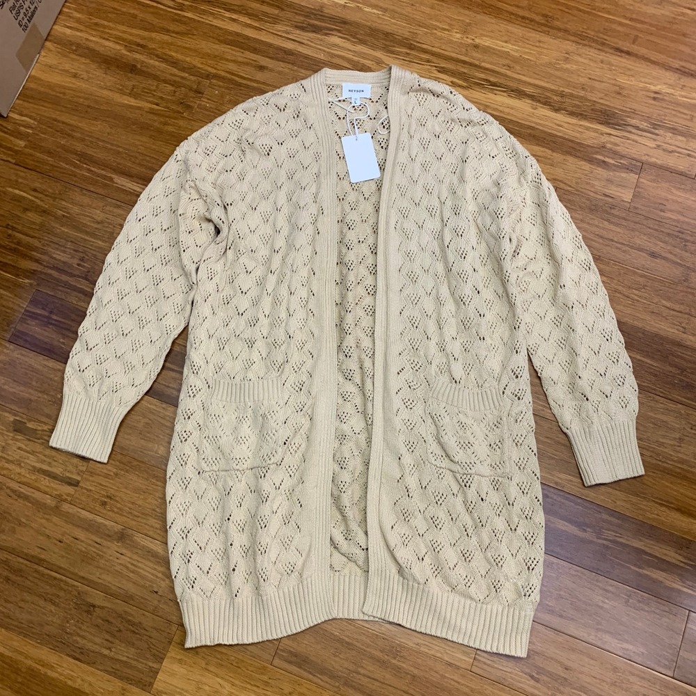 HEYSON Women's Beige Diamond Pattern Open Front Long Sleeve Cardigan Sweater L